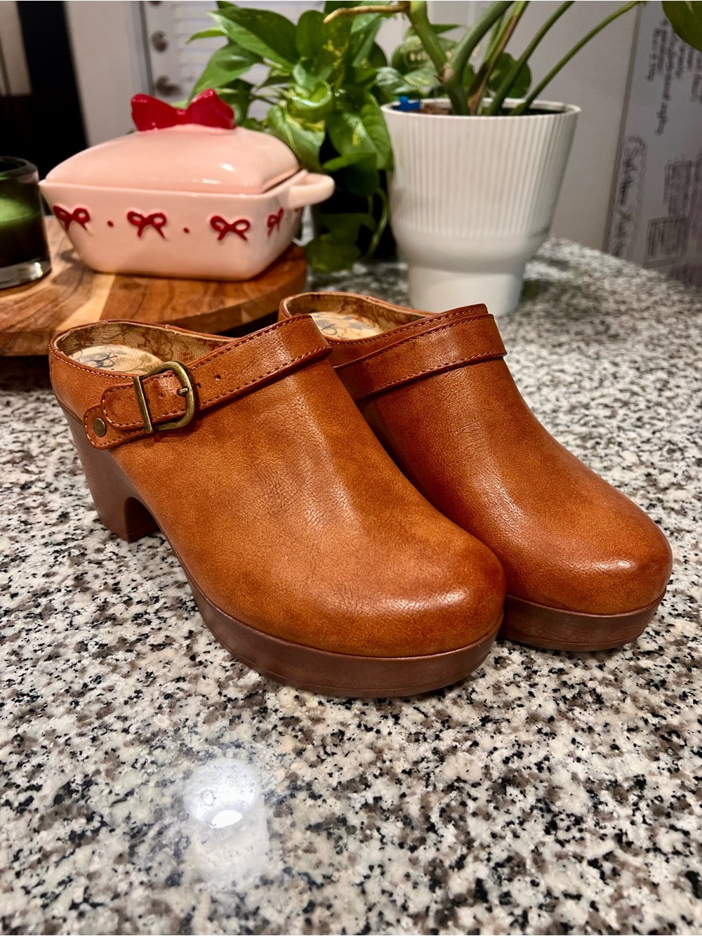 boc Cognac Leather Clog Mules with Buckle Detail